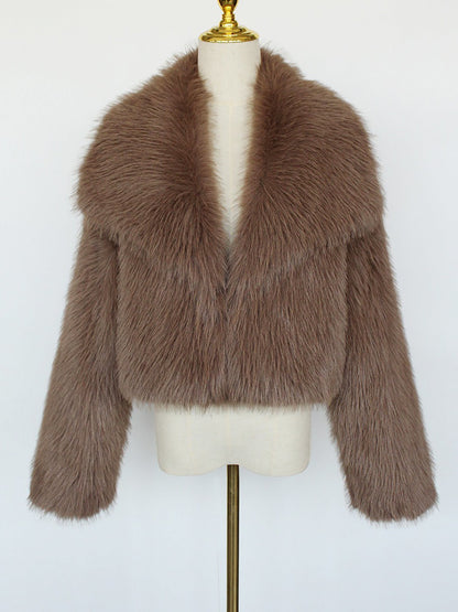 Collared Long Sleeves Cropped Faux Fur Coat