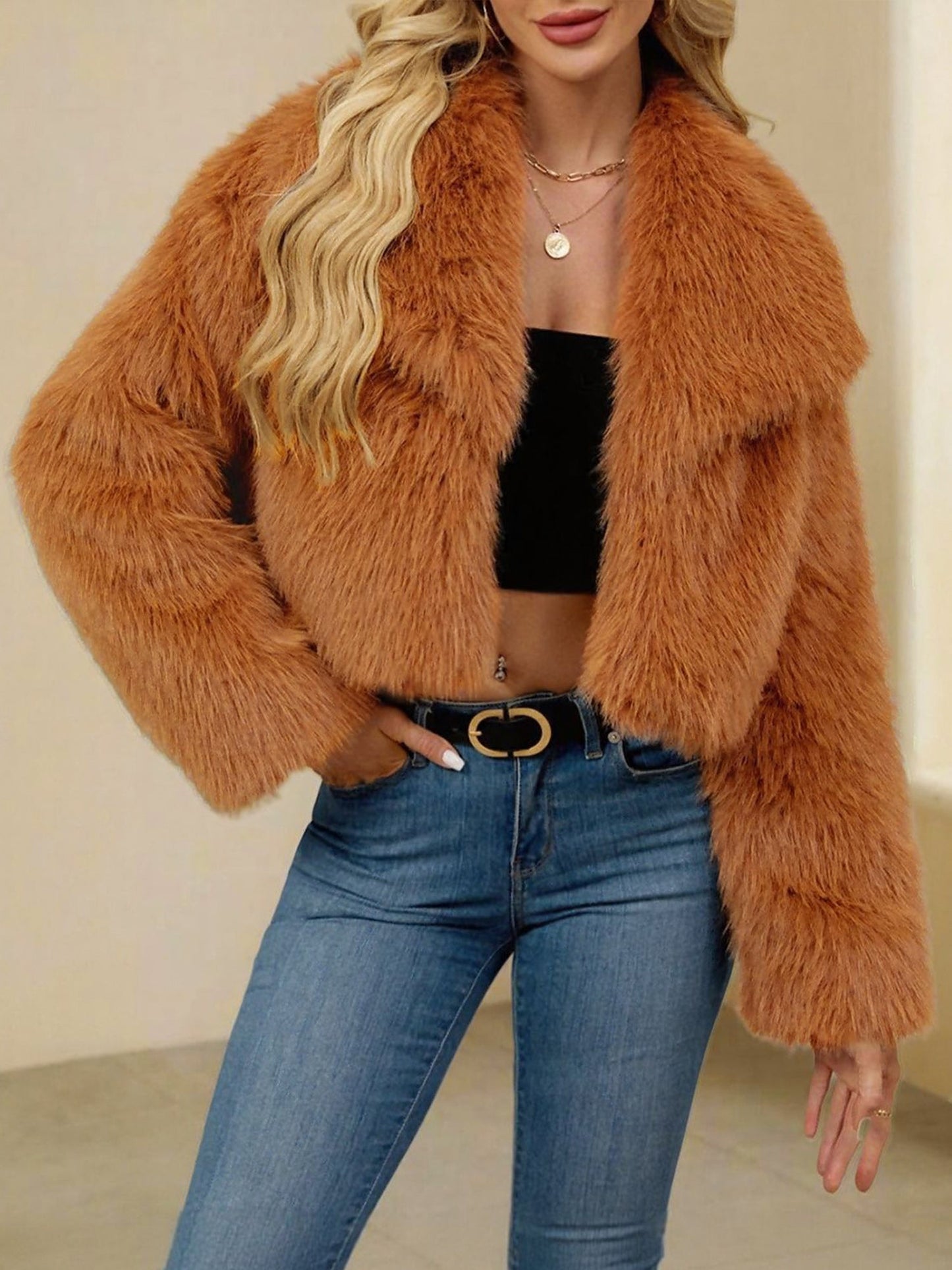 Collared Long Sleeves Cropped Faux Fur Coat