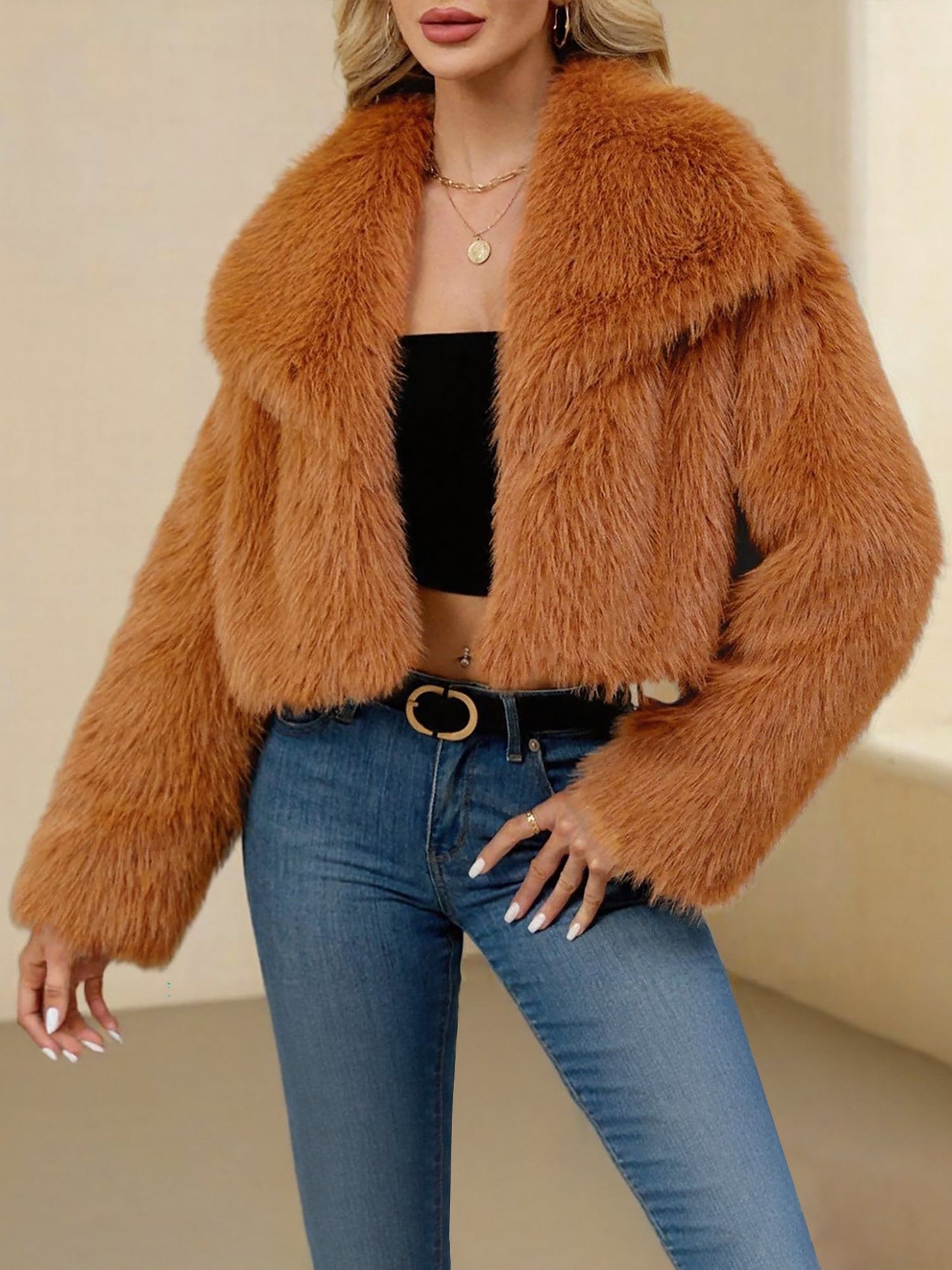 Collared Long Sleeves Cropped Faux Fur Coat