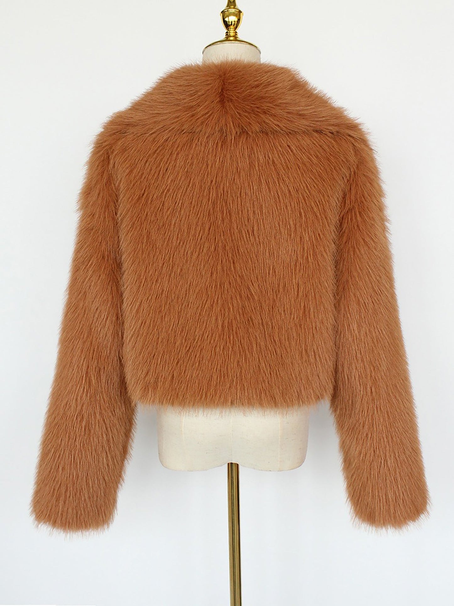 Collared Long Sleeves Cropped Faux Fur Coat
