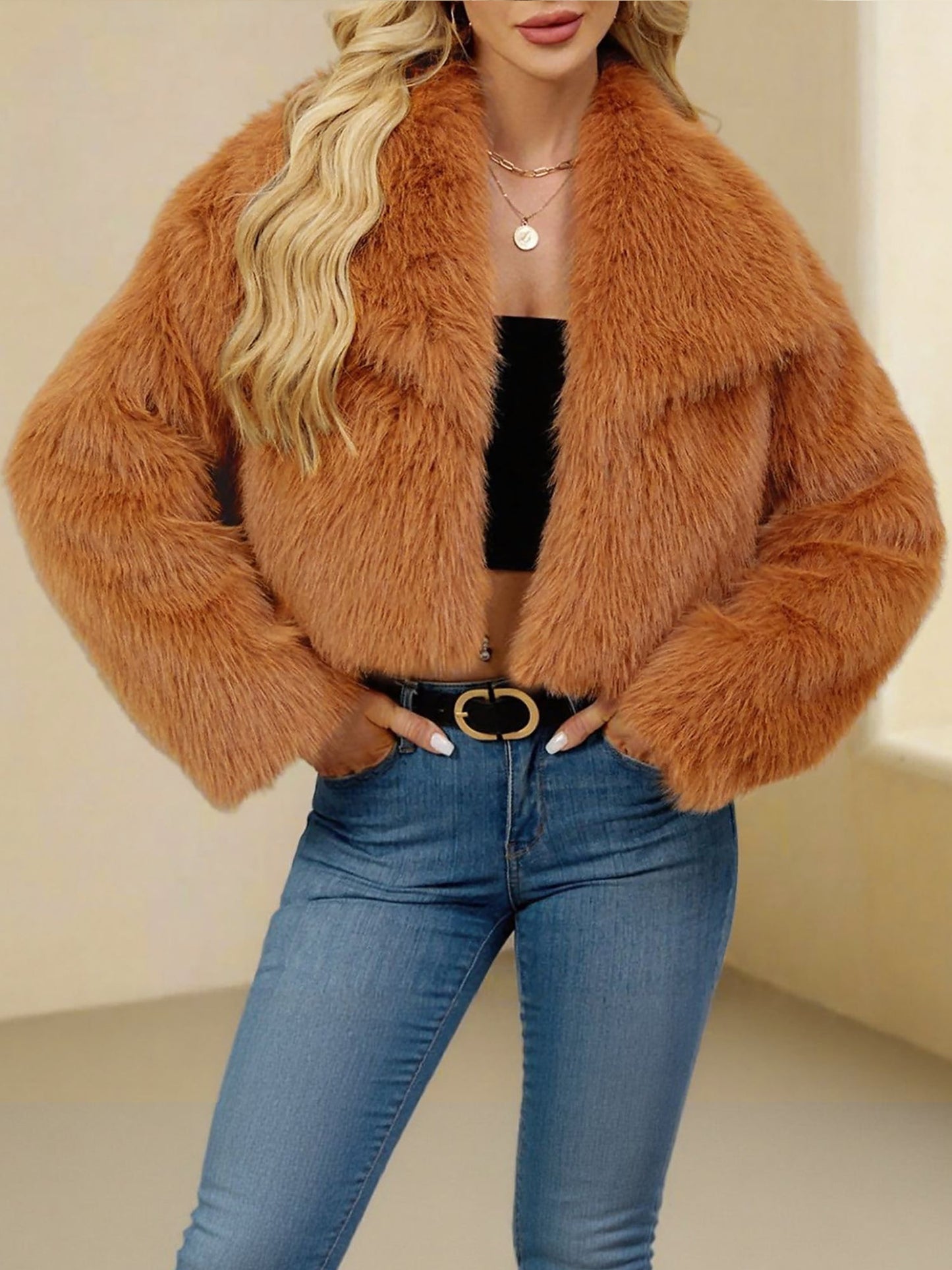 Collared Long Sleeves Cropped Faux Fur Coat