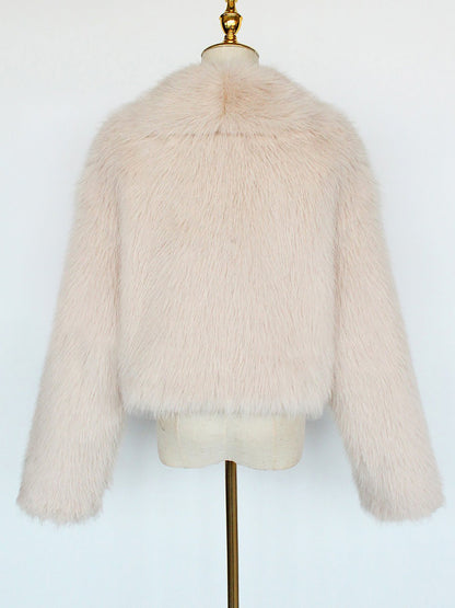 Collared Long Sleeves Cropped Faux Fur Coat