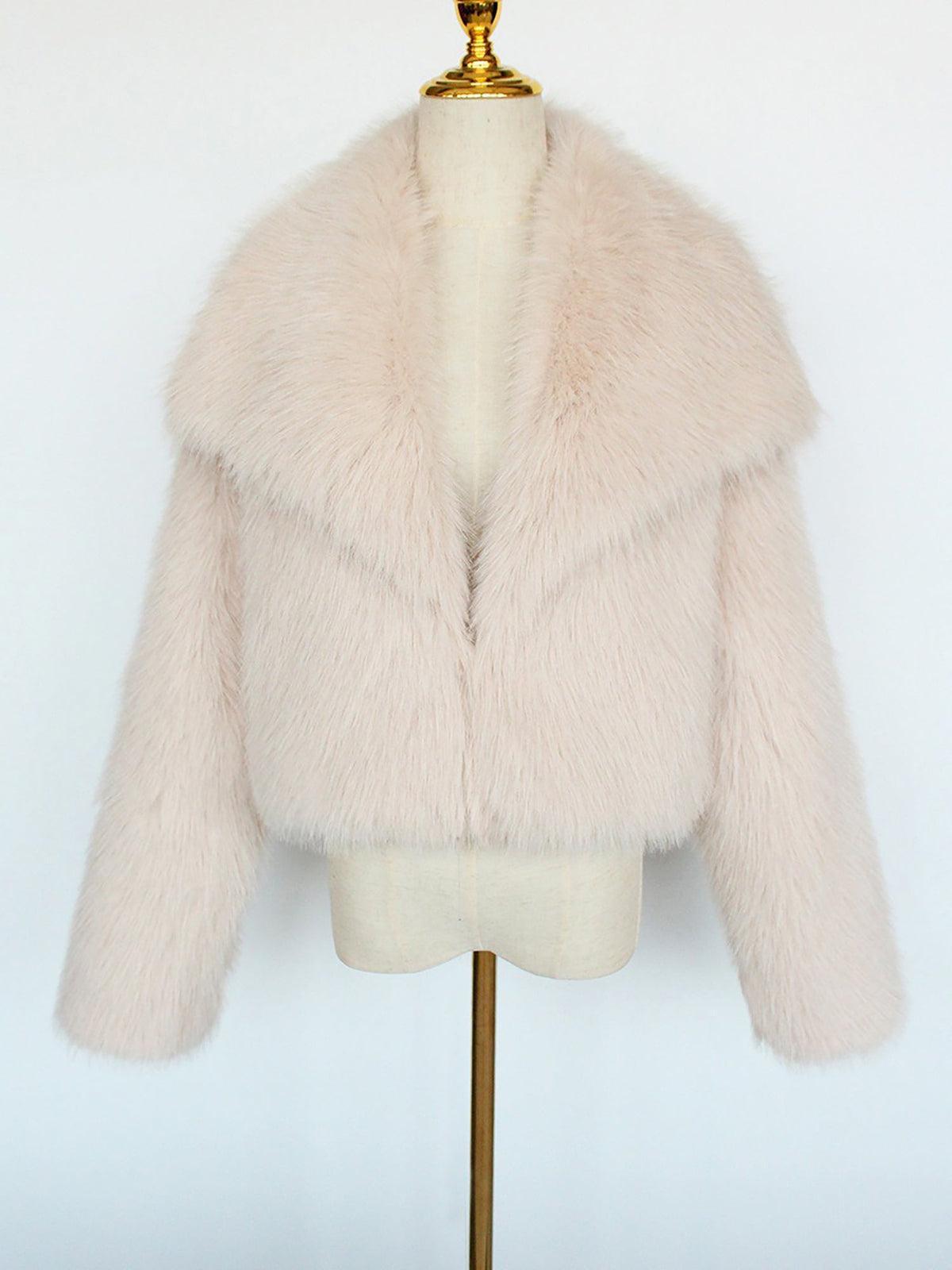 Collared Long Sleeves Cropped Faux Fur Coat