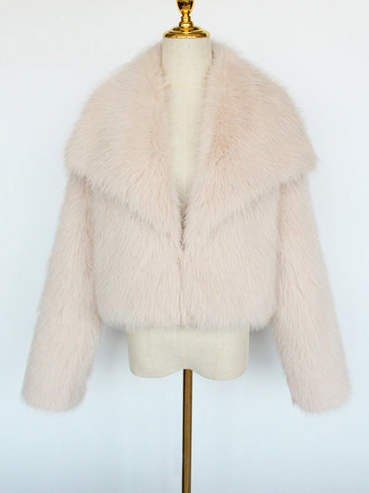 Collared Long Sleeves Cropped Faux Fur Coat