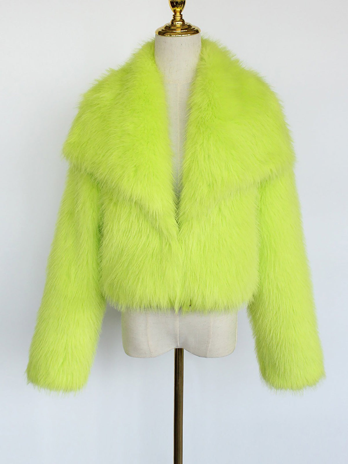 Collared Long Sleeves Cropped Faux Fur Coat