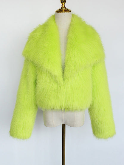 Collared Long Sleeves Cropped Faux Fur Coat