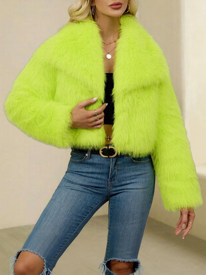 Collared Long Sleeves Cropped Faux Fur Coat