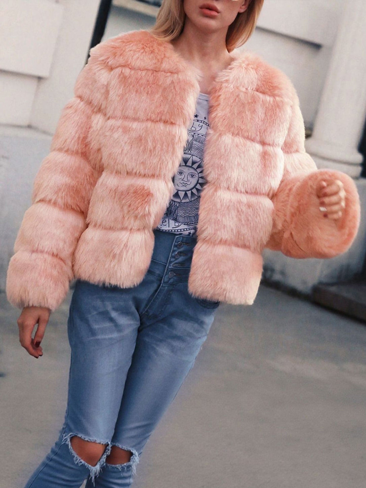 Casual Long Sleeves Solid Color Faux Fur Coat