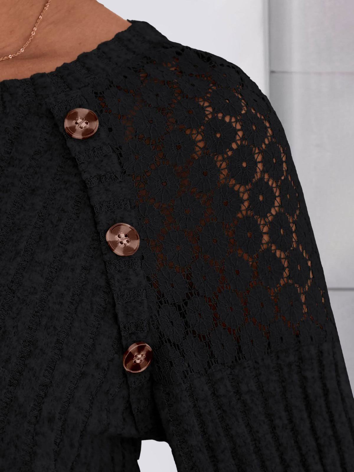Solid Color Round Neck Buttoned Long Sleeve Blouse
