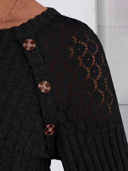 Solid Color Round Neck Buttoned Long Sleeve Blouse