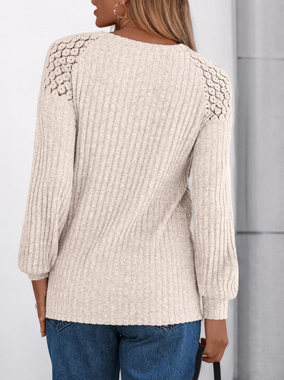 Solid Color Round Neck Buttoned Long Sleeve Blouse
