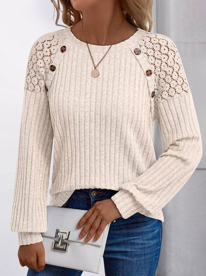 Solid Color Round Neck Buttoned Long Sleeve Blouse