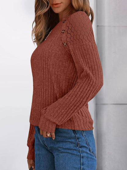 Solid Color Round Neck Buttoned Long Sleeve Blouse