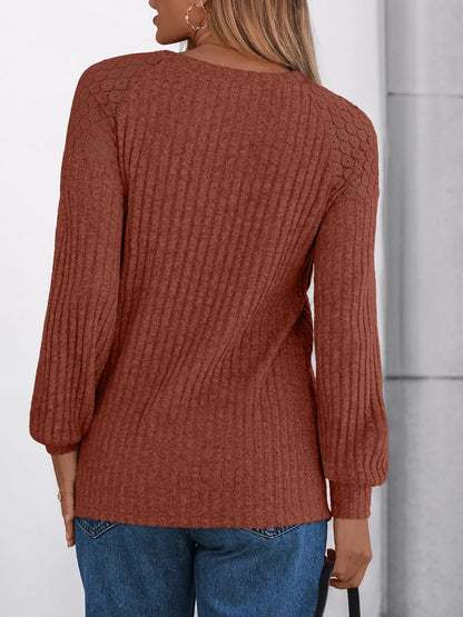 Solid Color Round Neck Buttoned Long Sleeve Blouse