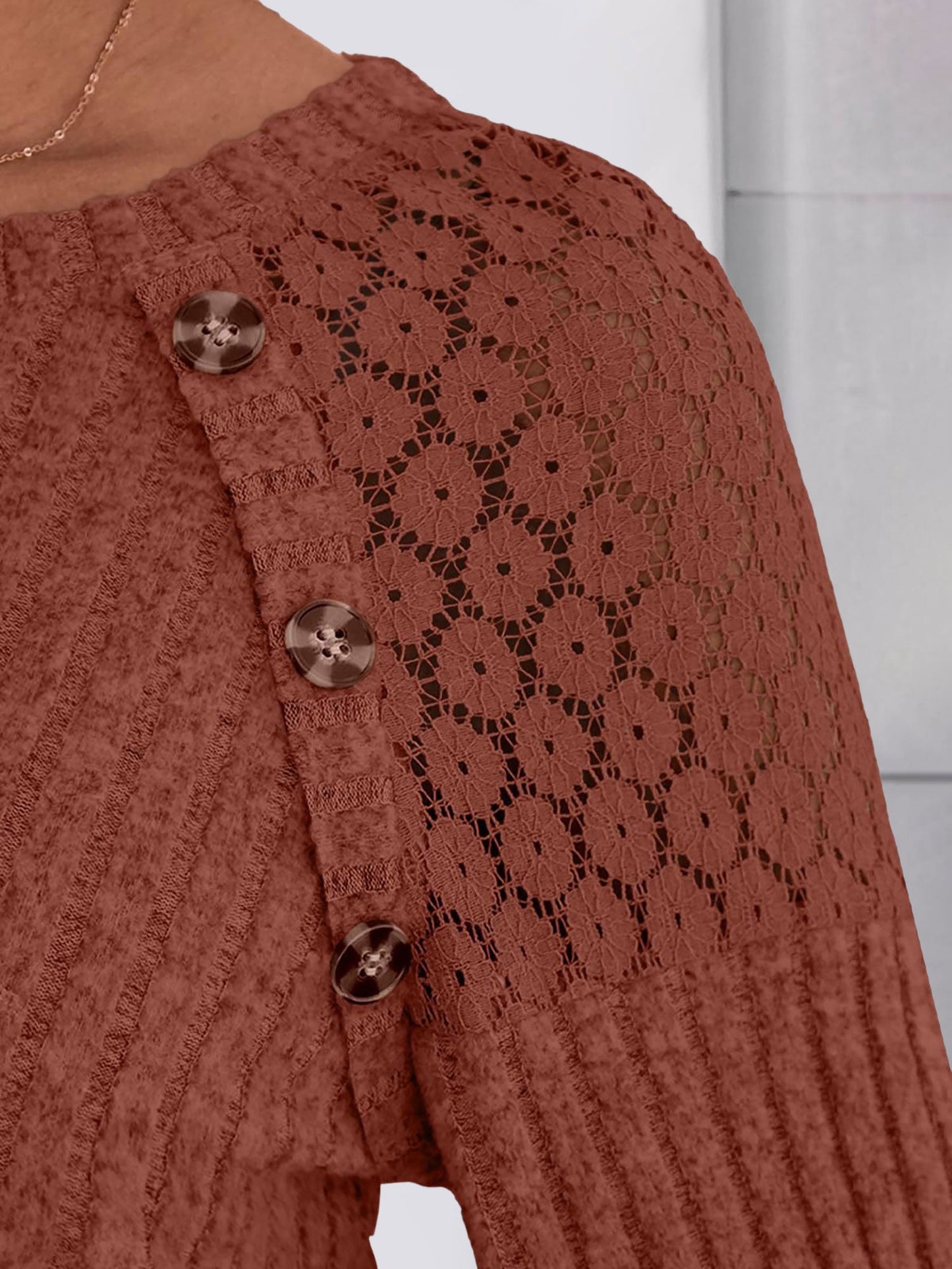 Solid Color Round Neck Buttoned Long Sleeve Blouse