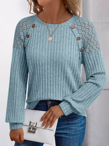 Solid Color Round Neck Buttoned Long Sleeve Blouse