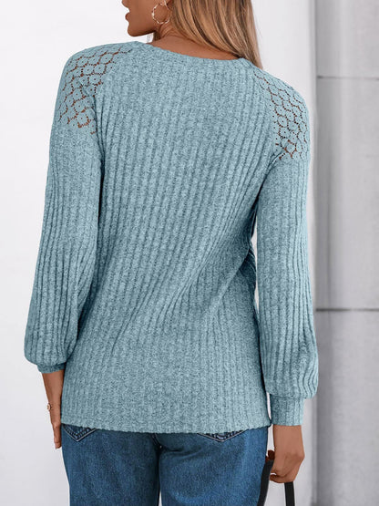 Solid Color Round Neck Buttoned Long Sleeve Blouse
