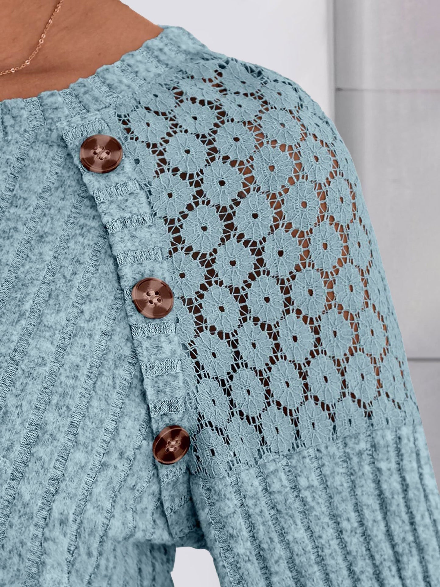 Solid Color Round Neck Buttoned Long Sleeve Blouse