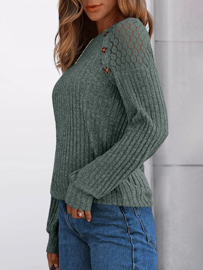 Solid Color Round Neck Buttoned Long Sleeve Blouse