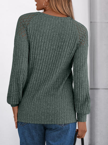 Solid Color Round Neck Buttoned Long Sleeve Blouse