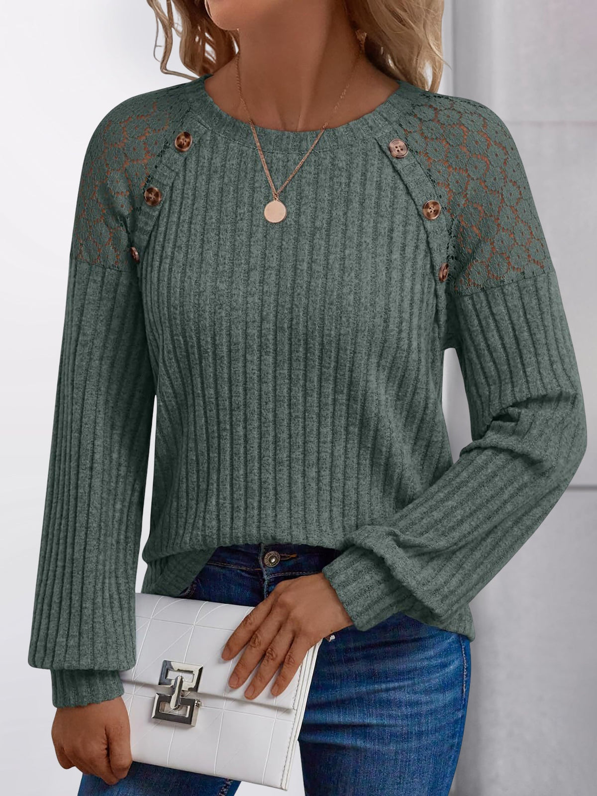 Solid Color Round Neck Buttoned Long Sleeve Blouse