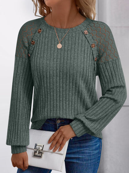 Solid Color Round Neck Buttoned Long Sleeve Blouse