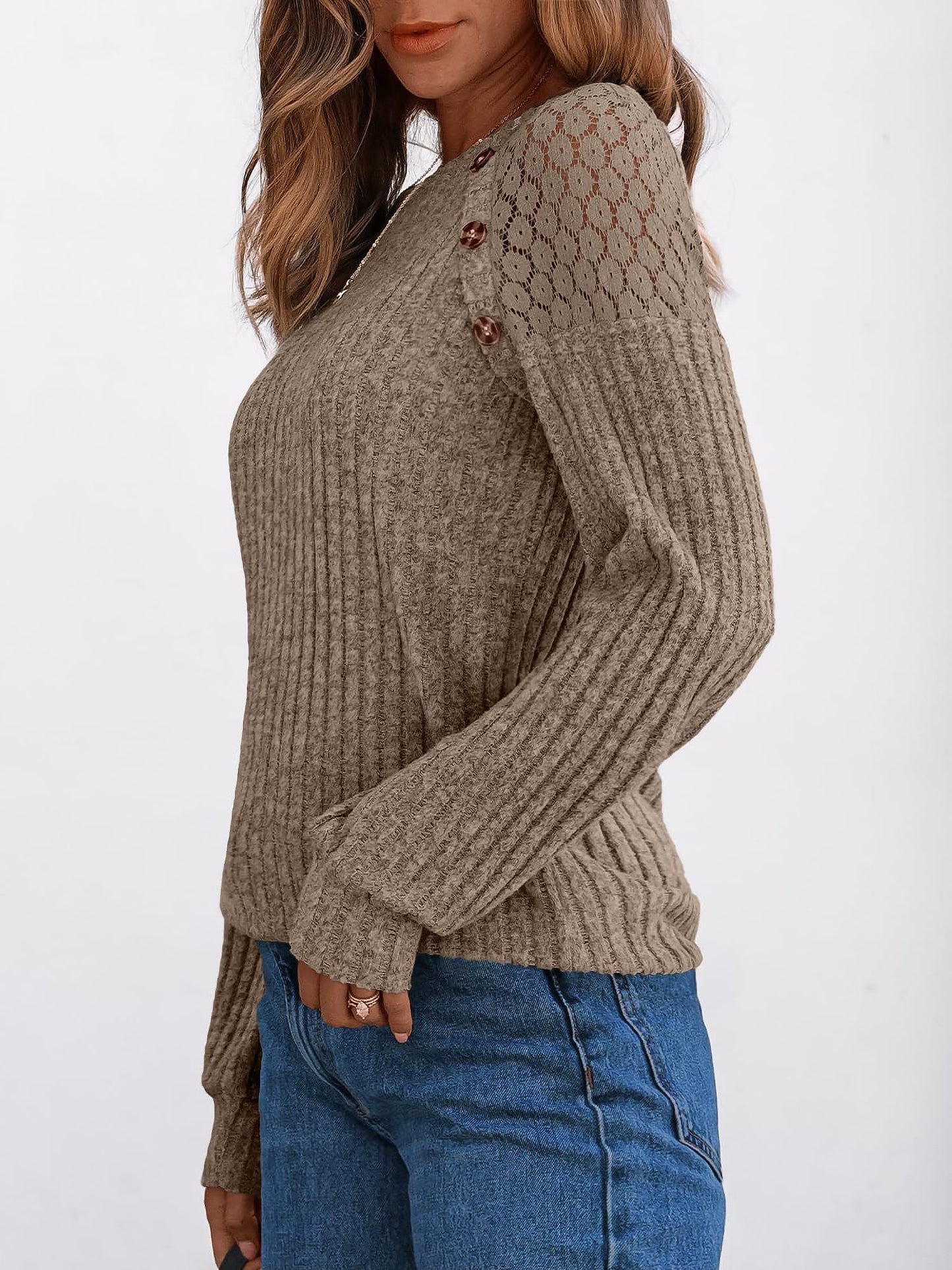 Solid Color Round Neck Buttoned Long Sleeve Blouse