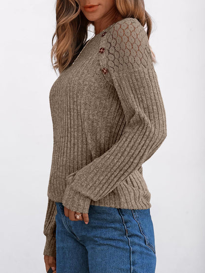 Solid Color Round Neck Buttoned Long Sleeve Blouse