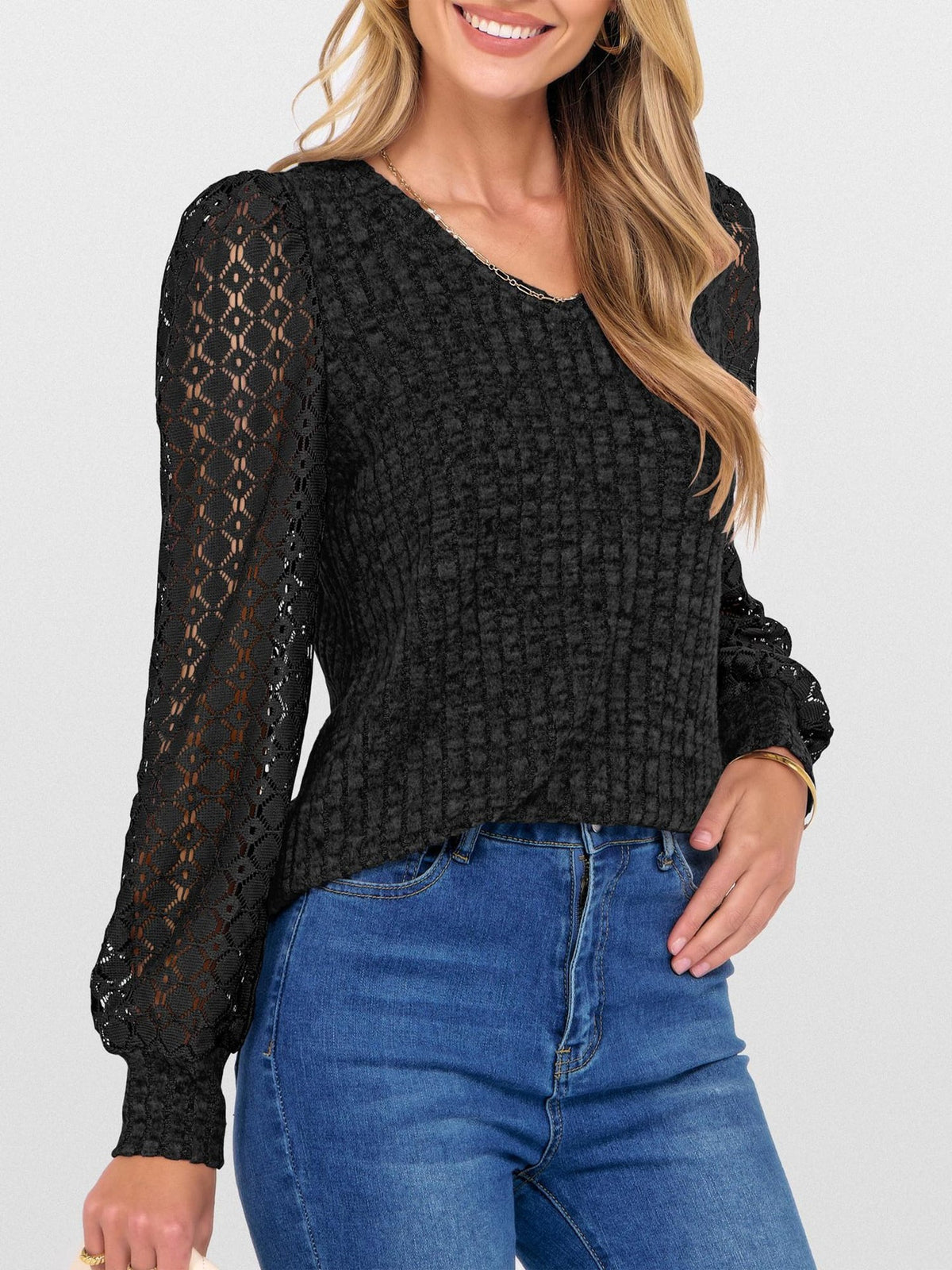 Lace Patchwork V Neck Puff Long Sleeves Blouse