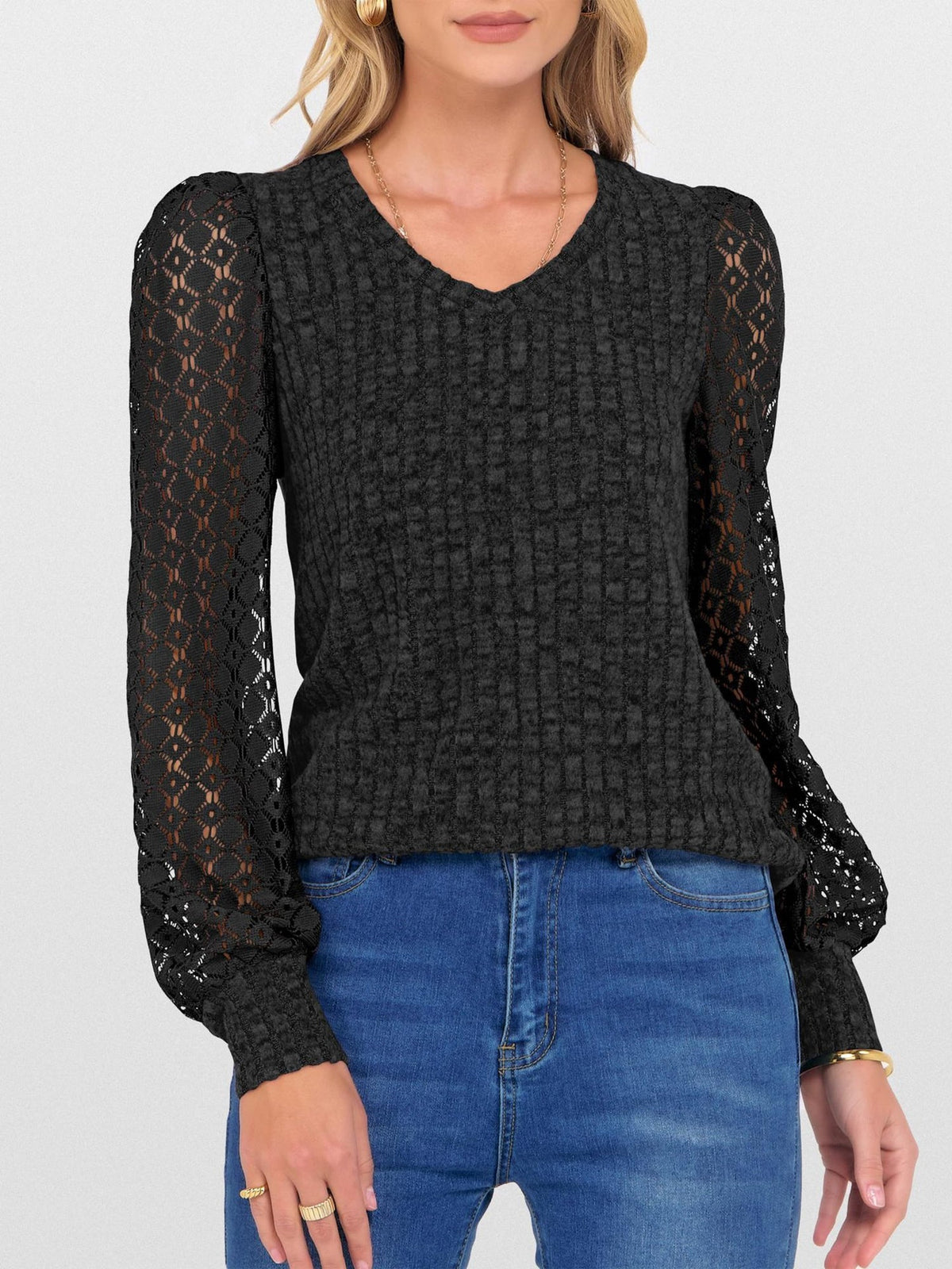 Lace Patchwork V Neck Puff Long Sleeves Blouse