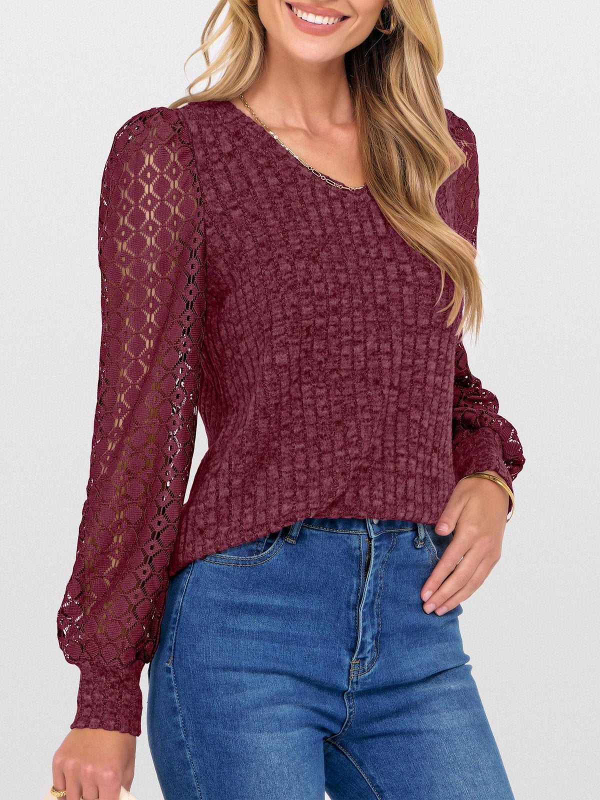 Lace Patchwork V Neck Puff Long Sleeves Blouse