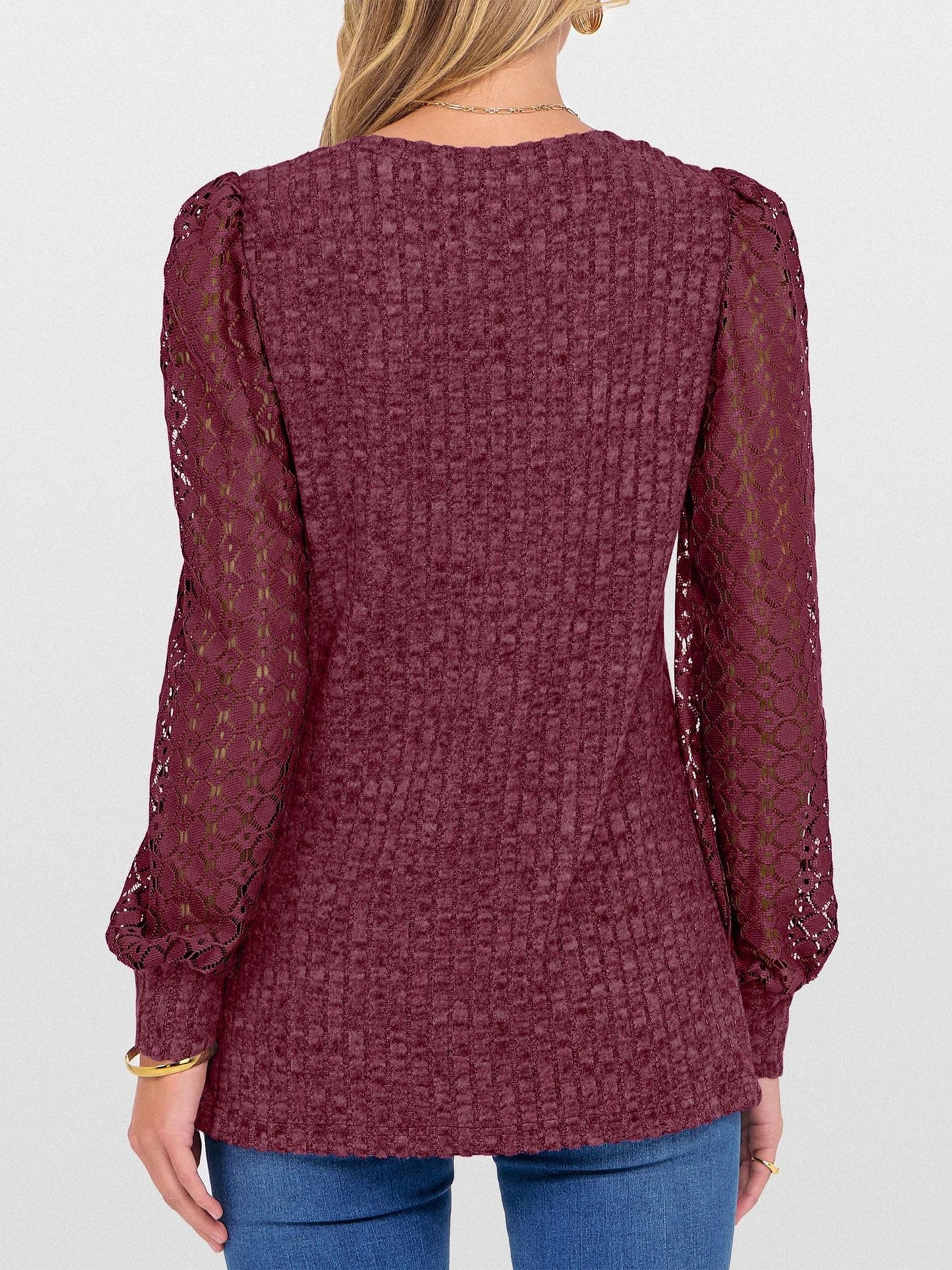 Lace Patchwork V Neck Puff Long Sleeves Blouse