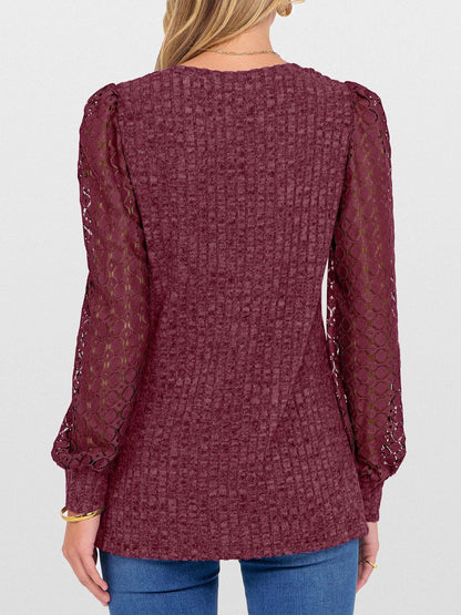 Lace Patchwork V Neck Puff Long Sleeves Blouse