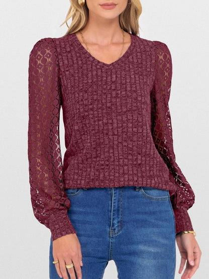 Lace Patchwork V Neck Puff Long Sleeves Blouse