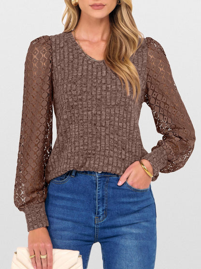 Lace Patchwork V Neck Puff Long Sleeves Blouse