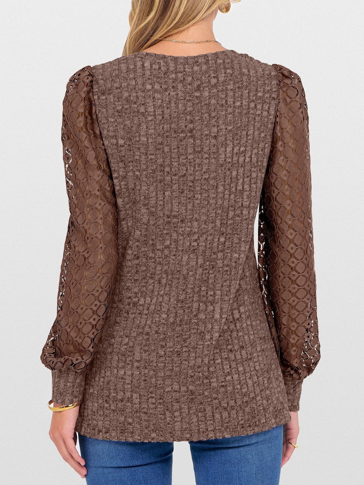 Lace Patchwork V Neck Puff Long Sleeves Blouse
