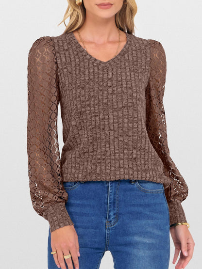 Lace Patchwork V Neck Puff Long Sleeves Blouse