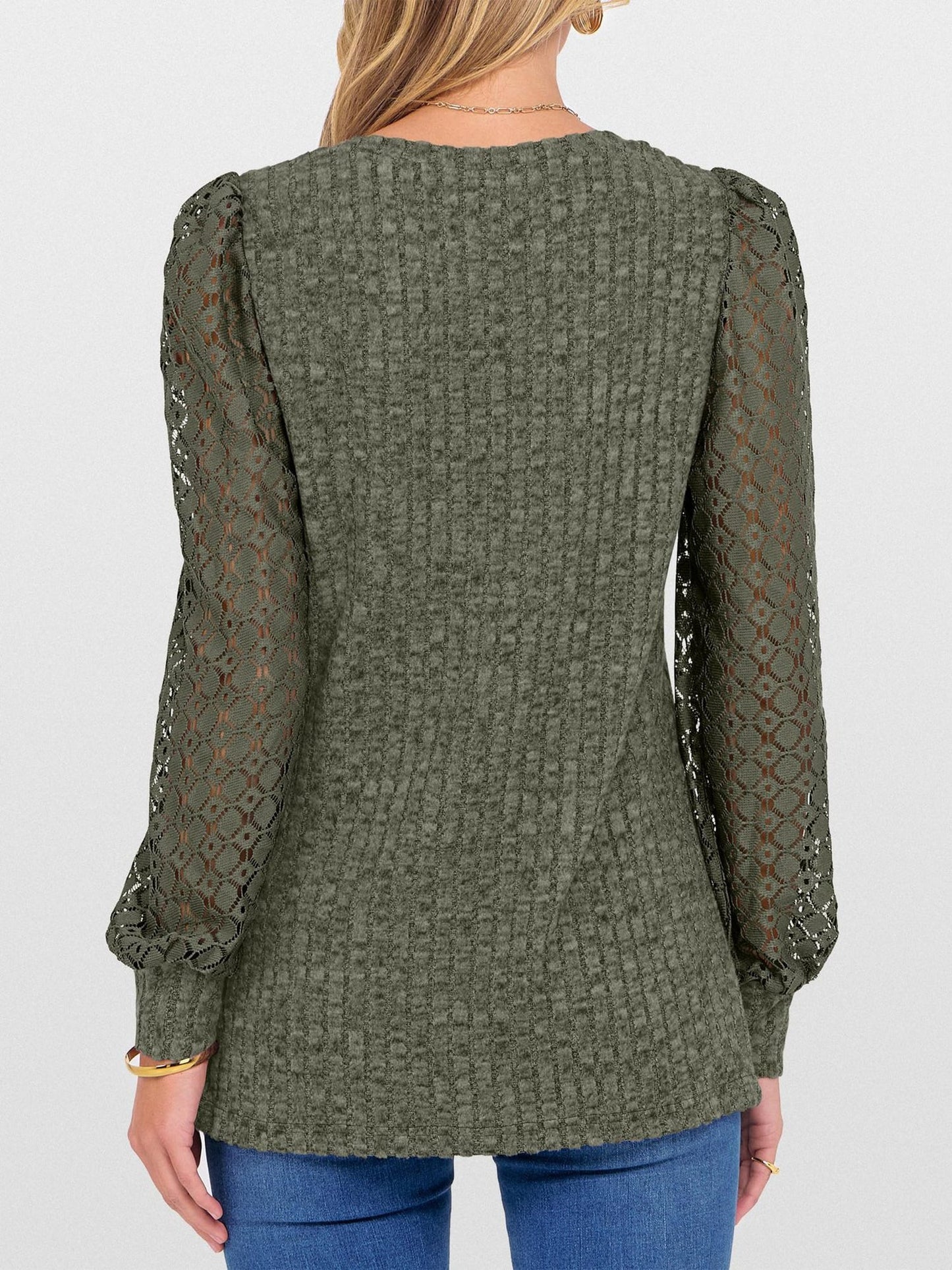 Lace Patchwork V Neck Puff Long Sleeves Blouse