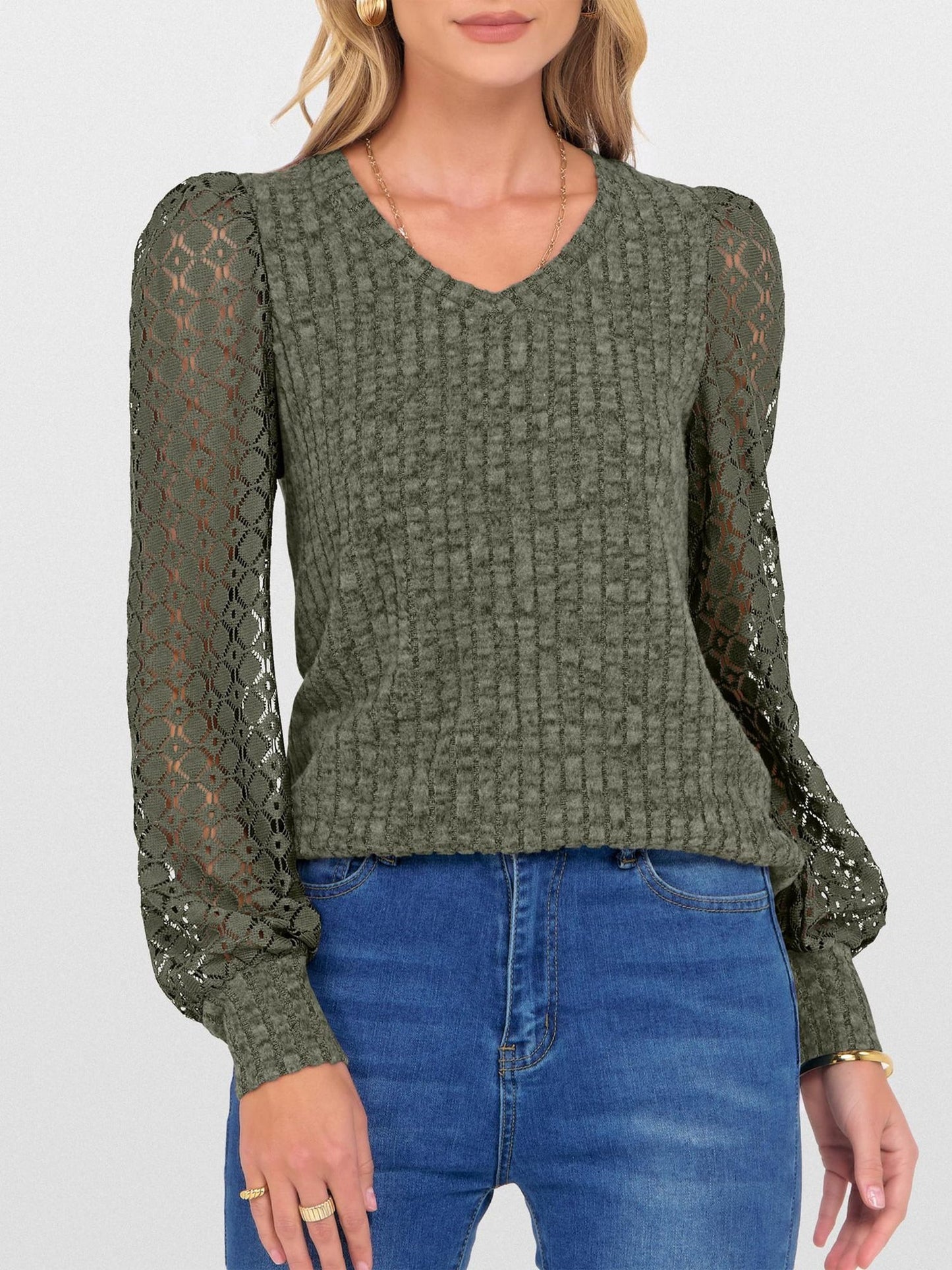 Lace Patchwork V Neck Puff Long Sleeves Blouse