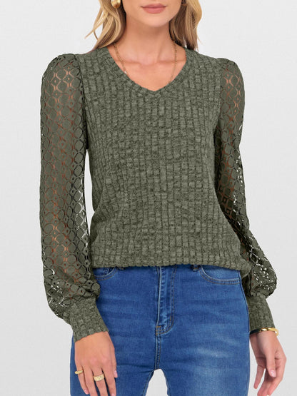 Lace Patchwork V Neck Puff Long Sleeves Blouse