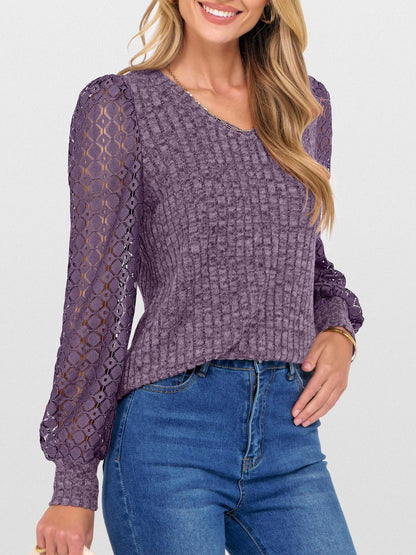 Lace Patchwork V Neck Puff Long Sleeves Blouse