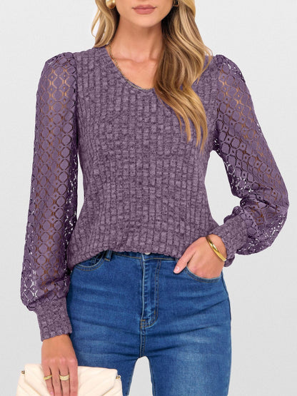 Lace Patchwork V Neck Puff Long Sleeves Blouse