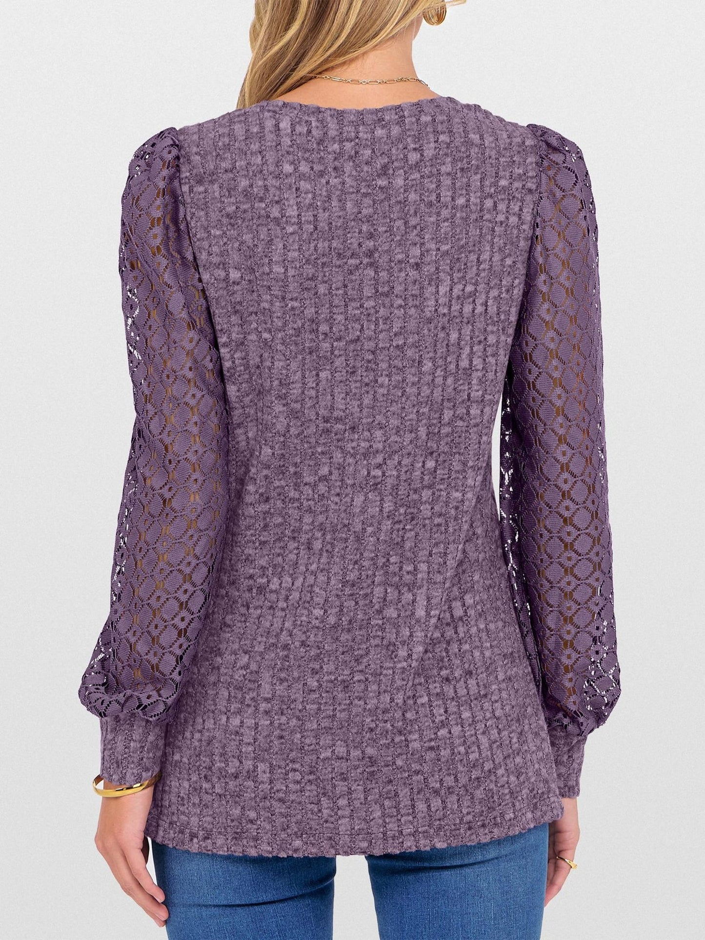 Lace Patchwork V Neck Puff Long Sleeves Blouse