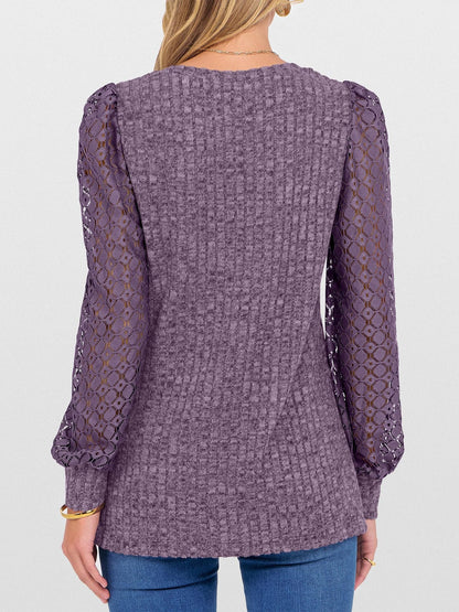Lace Patchwork V Neck Puff Long Sleeves Blouse