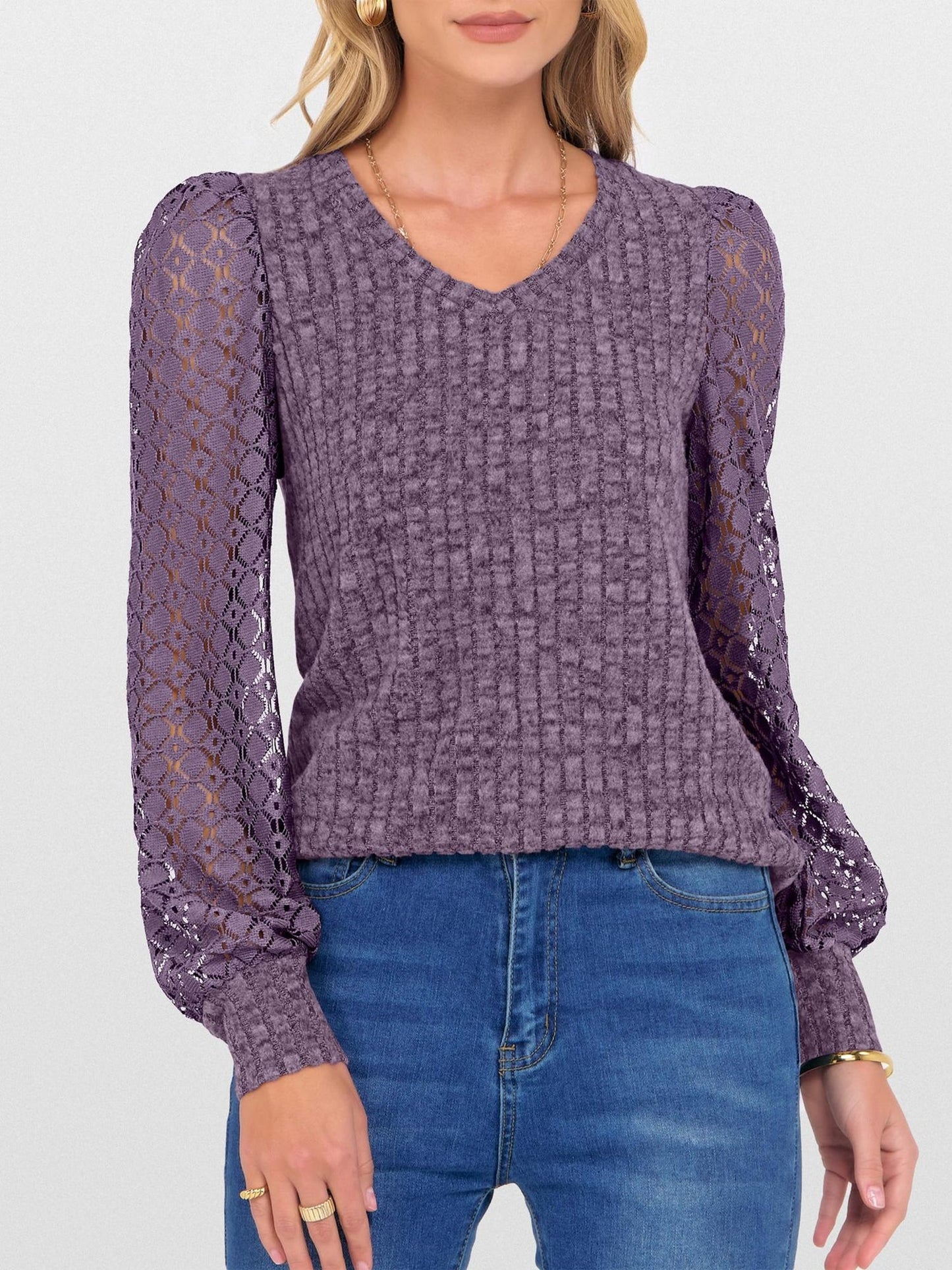 Lace Patchwork V Neck Puff Long Sleeves Blouse