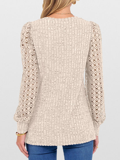 Lace Patchwork V Neck Puff Long Sleeves Blouse