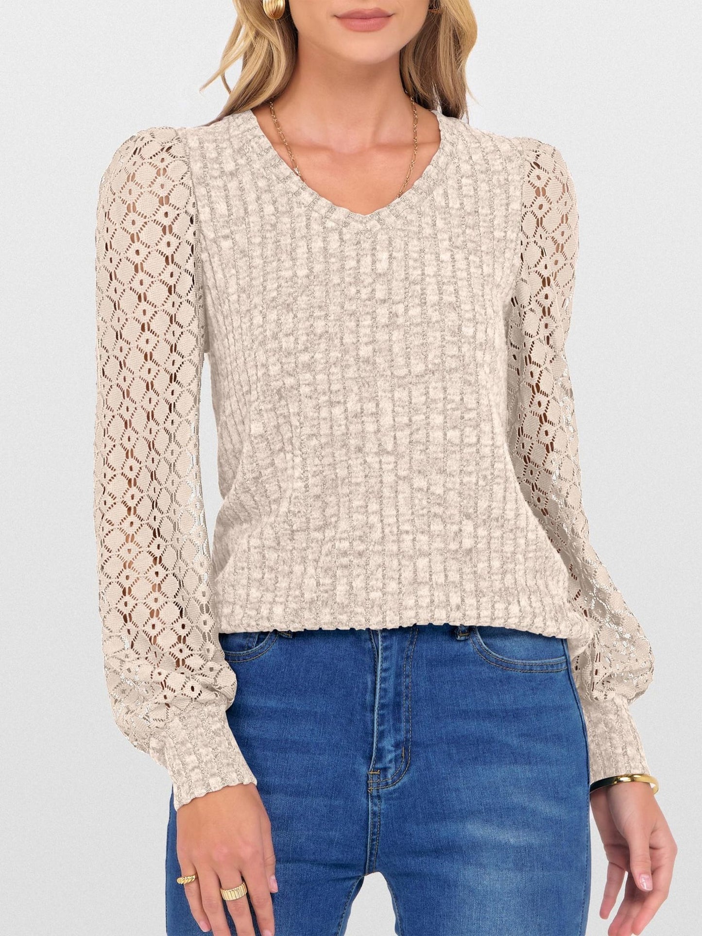 Lace Patchwork V Neck Puff Long Sleeves Blouse