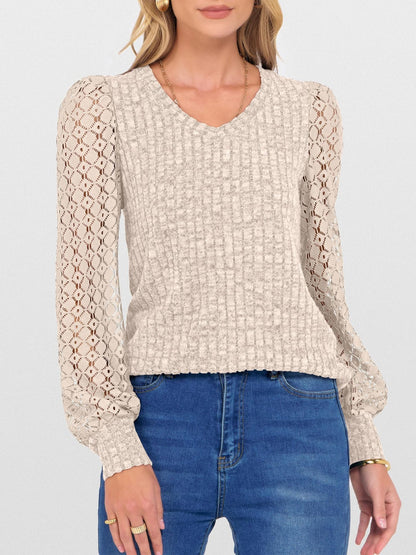 Lace Patchwork V Neck Puff Long Sleeves Blouse