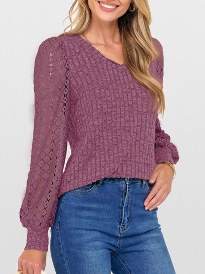 Lace Patchwork V Neck Puff Long Sleeves Blouse