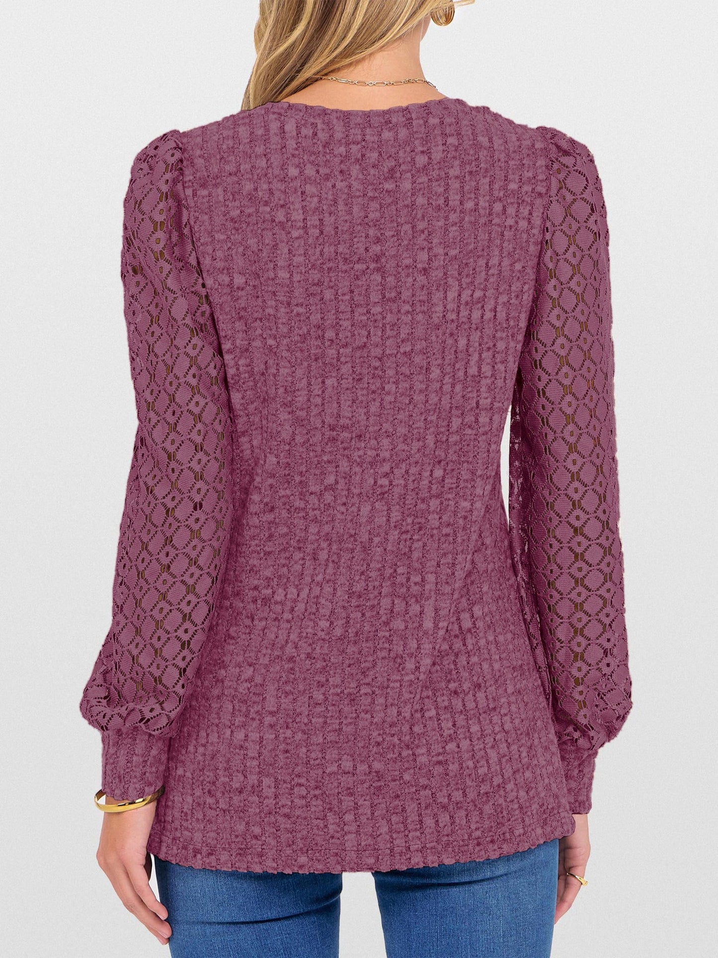Lace Patchwork V Neck Puff Long Sleeves Blouse